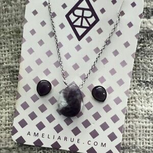 Purple Amethyst Teardrop Necklace & Stud Earrings Set